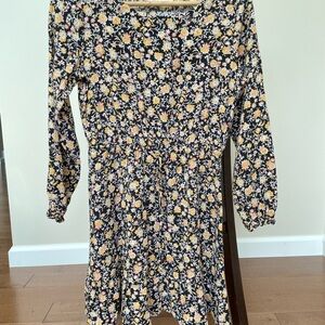 Loft Floral Long Sleeve Fit-and-Flare Dress - Black with Yellow & Pink Flowers